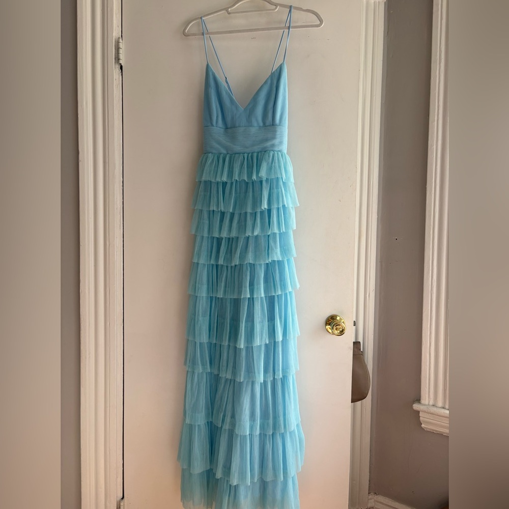 Lulus Radiant Event Light Blue Mesh Tiered Pleated Backless Maxi Dress - Picture 5 of 12